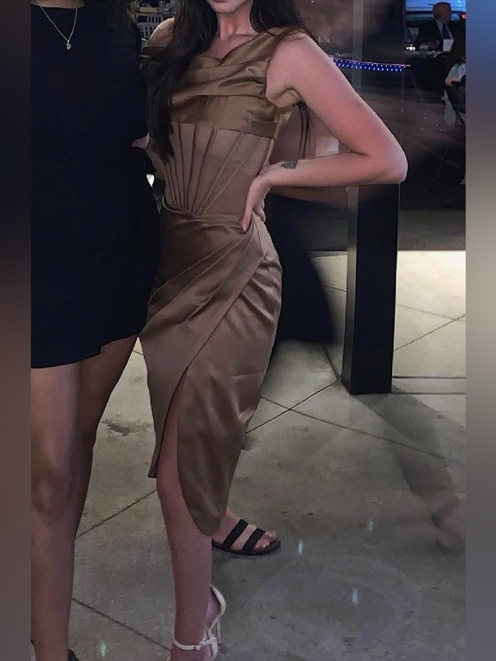 House of CB Chocolate Brown Satin Draped Midi Dress